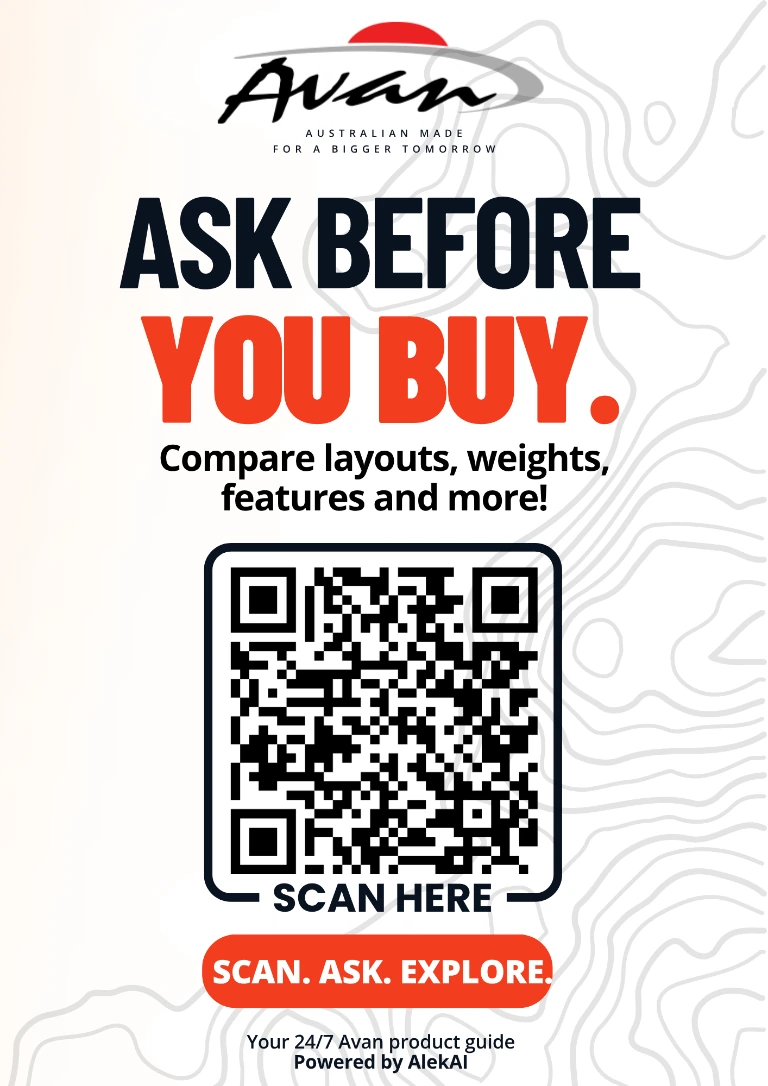 Printed Avan flyer with a QR code and the words Scan, Ask, Explore.